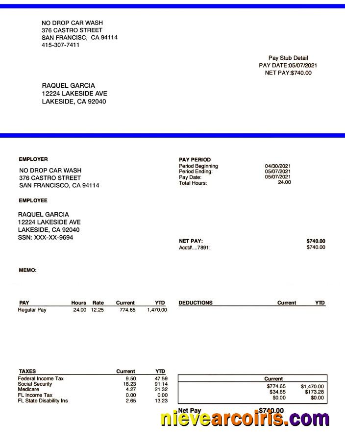 NO DROP CAR WASH pay stub